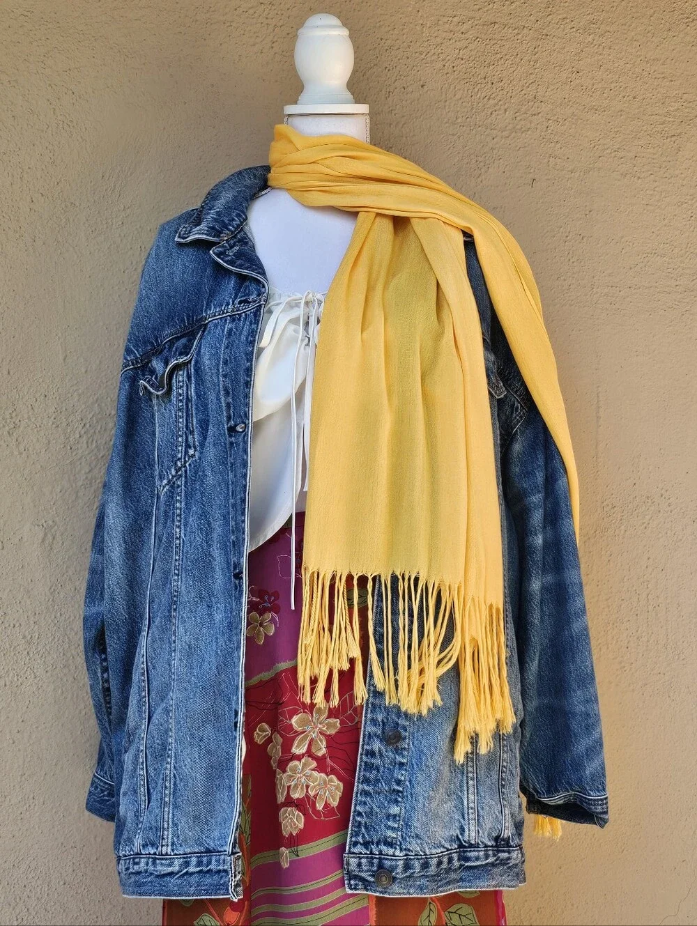 Pashmina And Silk Yellow Scarf W/ Tassel Ends